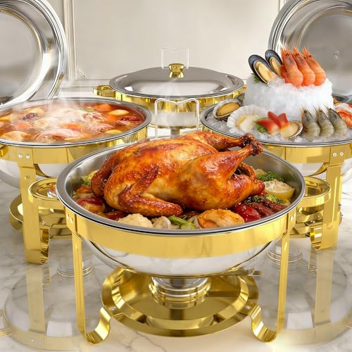Chafing Dishes for Buffet Sets, 4-Pack 5QT Stainless Steel Food Warmers with Stackable Design, Elegant Round Tableware Ideal for Wedding, Party, BBQ, and Family Dinner, Gold