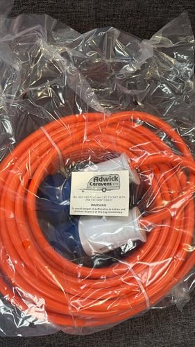 16A 240V 25m 2.5mm² caravan hook-up cable with blue CEE plug & socket plus 13A BS plug to 16A CEE socket adaptor (0.35m, 3x1mm²). Ideal for camping, motorhomes & home connection.