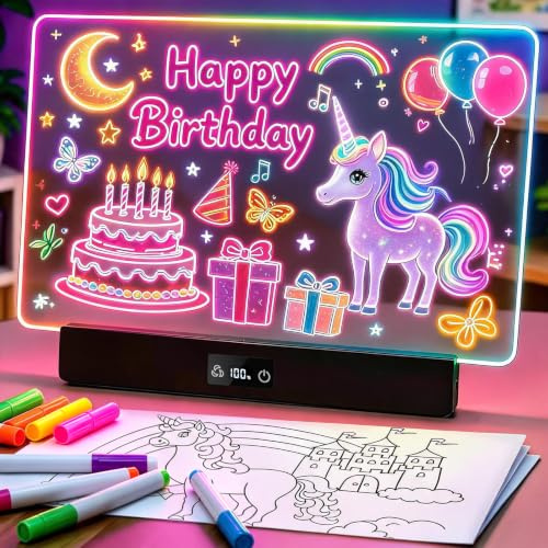Tablette Lumineuse Dessin Rechargeable, Cadeau pour Enfants 3 à 12 Ans | 8 Couleurs Statiques(blanc chaud+7 RGB),3 Modes Dynamiques,6 Luminosités,7 Marqueurs,15h d'Autonomie – tablette dessin enfant