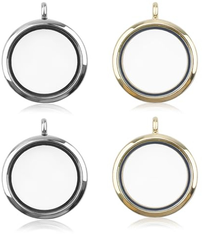 WANDIC Memory Medaillon Charms, 4 Stück Runde Galvanisierte Kristall Bilderrahmen Bouquet Charme, Mini Foto Charme für 2 Fotos, 3*3*0.6cm, Glas