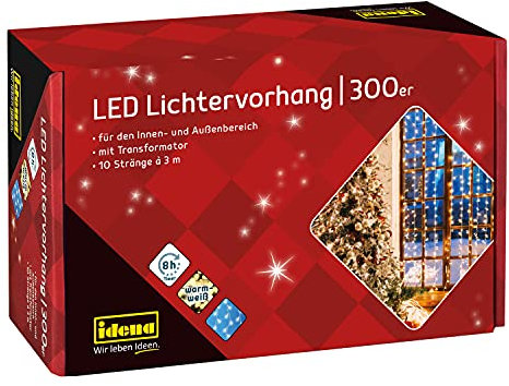 Idena 31856 - LED Lichtervorhang mit 300 LED in warmweiß, mit 8 Stunden Timer Funktion & Transformator, mit 10 Strängen ca. 3 x 3 m groß, Deko für Innen & Außen, als Party Deko, Weihnachtsdeko