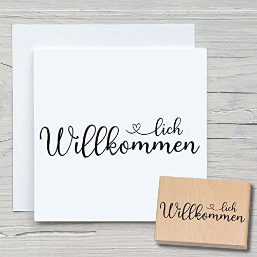 NEWSTAMPS Stempel herzlich Willkommen 03 Motivstempel aus Holz & Gummi zum Karten basteln, Holzstempel, Sprüche, Spruchstempel, Textstempel, Tischdeko, Hochzeit, Scrapbook, Textilstempel, Deko
