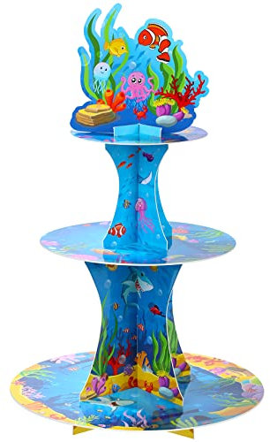 Zopeal 3 Tier Shark Party Cupcake Stand Decorations Under the Sea Theme Cupcake Holder Ocean Animal Dessert Tower for Kids Ocean Theme Party Baby Shower Fishing Birthday Favor(Under the Sea)