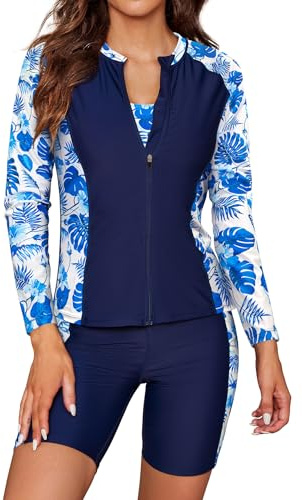 SHEKINI Conjunto de tankini de 3 piezas para mujer, manga larga, con cremallera, camiseta de surf, parte superior del bikini, bañador de seguridad, pantalones deportivos, bañadores, S