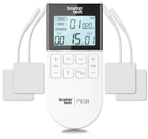 Elettrostimolatore Muscolare TENS EMS 3 in 1 | Boston Tech® ME91 | 50 Programmi, 16 Livelli, 2 Canali | Terapia del Dolore e Riabilitazione | Custodia + 4 Elettrodi Riutilizzabili