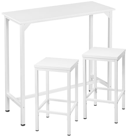 EUGAD Tavolo Bar 2 Sgabelli Alti Set Arredo Bancone in Acciaio Legno, Tavolo Alto da Cucina Stretto, per Home Bar, Bistrot, Sgabelli da Cucina senza Schienale, Bianco