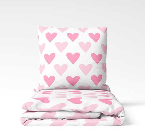 MTOnlinehandel Herzen Bettwäsche 135x200 Flanell, Biber, Herzklopfen Herz-Motiv in rosa pink, Winterbettwäsche Mädchenbettwäsche, 1x Kissenbezug 80x80 + Bettbezug 135x200, 100% Baumwolle (135x200)