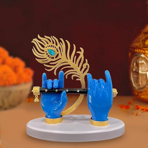 Krishna Hands Idol (petite taille) | Statue de flûte Krishna | Idole Kanha ji avec flûte et plume de paon | Pour tableau de bord de voiture et Griha Pravesh Bleu