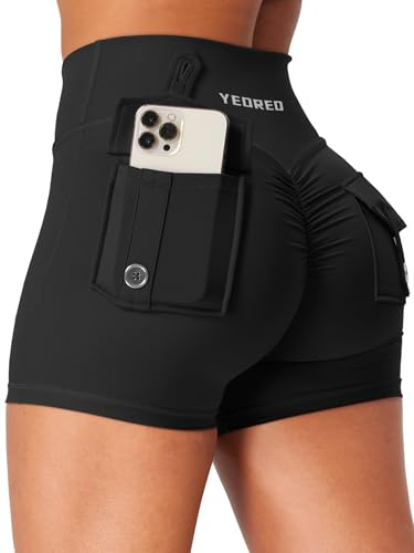 YEOREO CoreFlex Damen Sport Shorts mit Pockets Workout Short | Flache Taille,Butt Lifting,High Waisted,Gym Short,Yoga, Kurze Leggings,Booty Shorts,Running Sporthose