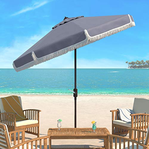 SAFAVIEH 9ft Outdoor Patio Umbrella, Milan Fringe Collection, Grey & White, Crank, Button Tilt, UV Resistant for Deck, Backyard, Poolside (PAT8008B)