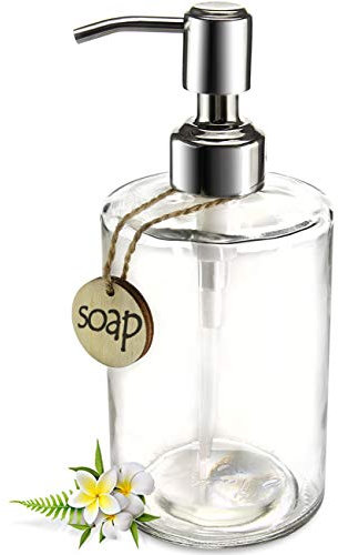 JASAI, Dispenser di sapone cilindrico in vetro, 0,5 l, con erogatore a pompa in acciaio inox antiruggine, per cucina e bagno, per sapone per le mani, detersivo per piatti, saponi liquidi (trasparente)