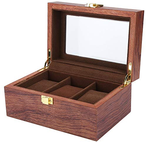 Holzene Uhrenbox mit 3-Gitter-Ausstellungskiste, Uhrenkoffer für Sammler und Geschenke, Displaybox mit transparentem Fenster und rutschfester Griff