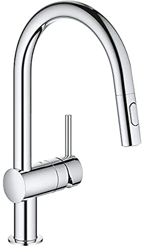 GROHE Minta – Kitchen Sink Pull-Out Dual Spray Mixer Tap (High C-Spout, 360° Swivel Range, 46 mm Ceramic Cartridge, Min. Recommended Pressure 1.0 Bar, Tails 1/2 Inch), Size 379 mm, Chrome, 31862000