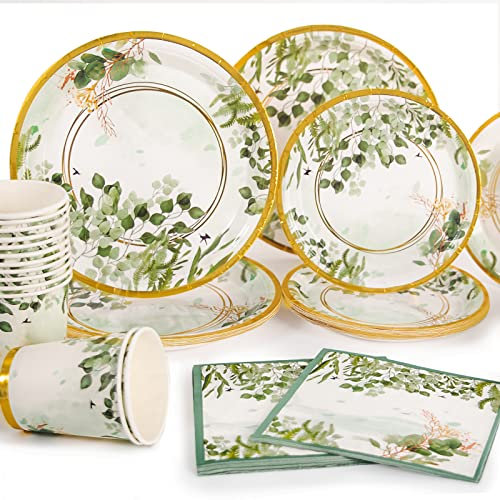 Yidaxing Plato Desechable Cumpleaños Oro Verde, Vajilla Desechable Cumpleaños Conjunto Niña Niño, Vasos de Papel y Tejido para Bodas, Fiesta Baby Shower, Aniversario, 24 Invitados