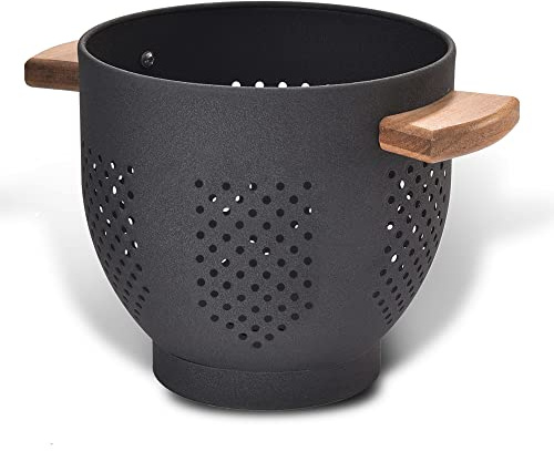 Metal Colander with Wood Handle and Stable Base, Powder Coated Steel Kitchen Strainer Basket for Draining Pasta, Vegetable and Fruit (3 Quart, Matte Black)