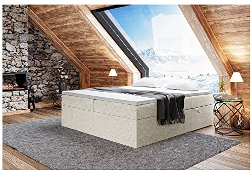 MEBLINI Boxspringbett mit Bettkasten - 140x200 - Gepolstert Doppelbett mit Matratze und Topper - Polsterbett mit Stauraum - Bett ohne Kopfteil - Stauraumbett - Lionel - H3/Beige Webstoff
