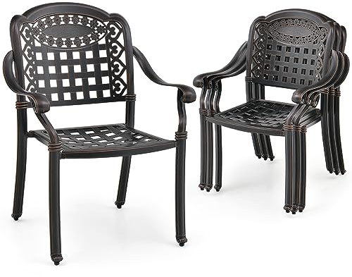 COSTWAY 2er Set Gartenstühle aus Aluminiumguss, stapelbare Terrassenstühle mit Armlehnen, Stapelstühle, Gartensessel für Garten, Balkon, Hinterhof