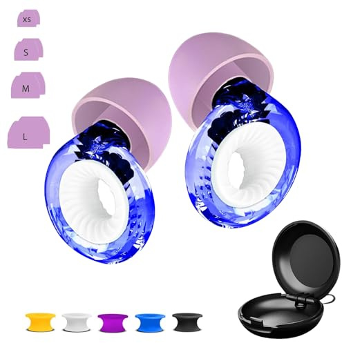 Reusable Ear Plugs for Sleep - Noise Cancelling, Snoring, Travel, and Concerts | 25dB Hearing Protection with Noise Reduction | Comes with 8 Ear Tips and XS/S/M/L - Black (Transparent Blue)