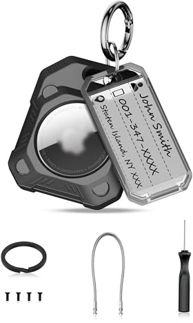 PROfezzion Étui Skyddande Airtag med Nyckelring, Kabel och Taggar, för Resväska, Halsband för Husdjur, Bilnycklar, Elbil, Bagageväska, Airtag-hållare Svart