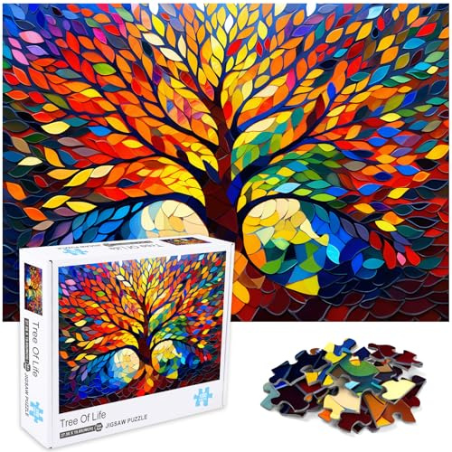 crowm Albero della Vita Puzzle 1000 Pezzi, Vetro Colorato Albero Puzzle Difficile per Adulti Pianta Mosaico Puzzle Sfidante come Decorazione per la Casa