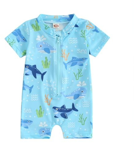 LYZOURBB Toddler Baby Boy One-piece Swimsuit Toddler Boy Short Sleeve Zipper Rash Guard Set Dinosaurs Sharks Swimming Outfits Bathing Suit for 0-3Years