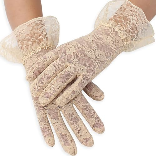TIMIYUYU Damen Kurze Spitzenhandschuhe Elegant Netzhandschuhe Blumenspitzen Handschuhe Kurze Lace Gloves Sonnenschutz Handschuhe Hochzeit Party Halloween Handschuhe Sommerhandschuhe (Beige, One Size)