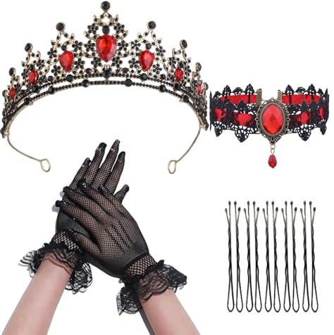 Herzkönigin Kostüm Damen, Herzdame Kostüm Damen für Frauen mit Halskette und Tiara, Vintage Stirnband Glänzend Prinzessin Haarschmuck für Halloween, Weihnachten, Hochzeit und Braut Kostüm