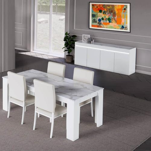 AltoBuy Chris White - Séjour Table + Buffet Laqué Blanc Brillant et Imitation Marbre