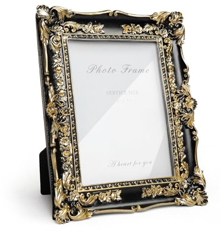 Cuspin 5x7 Picture Frame Black and Gold Frames, Vintage Baroque Handcrafted Resin Frames with Glass Front, Ornate Textured Design Decorative Picture Frame for Tabletop & Wall Display