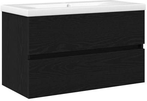 vidaXL Gabinete para Lavabo con Lavabo Integrado Roble Negro Madera Ingenierizada Dos Cajones Unidad de Tocador Moderna Grifo Caliente y Frío para Baño Fácil Ensamblaje Uso Interior Almacenamiento C
