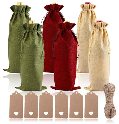BQRKOTM Jute Weinbeutel,Sackleinen Weinbeutel,750ml Jutesack Weinbeutel,6 Stück Wiederverwendbare Weintüten mit Kordelzug und Anhänger für Wein Geschenktüten flaschentüten für Party Weihnachten