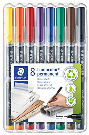 STAEDTLER Lumocolor Permanent Universal Pen: Set of 8 Permanent Markers, Assorted Colors, Superfine Felt Tip 0.4mm - Multi Surface, Quick Dry, Smudge-Proof, & Waterproof - For Home, School, & Office