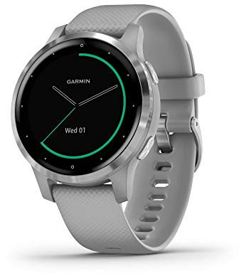 Garmin vivoactive 4S, Smaller-Sized GPS Smartwatch, Features Music, Body Energy Monitoring, Animated Workouts, Pulse Ox Sensors and More, Silver with Gray Band