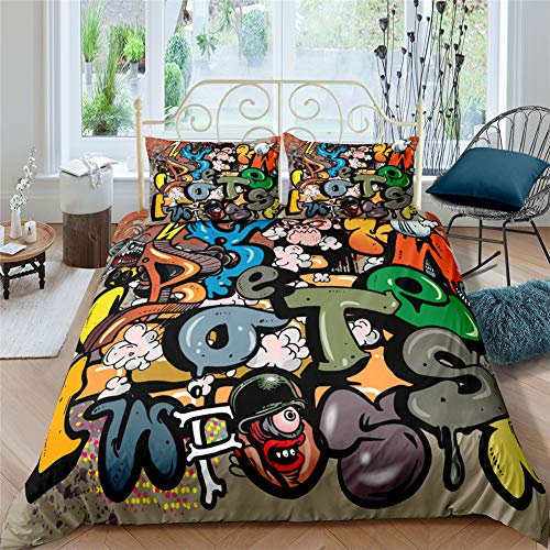 AYMAING Bettwäsche Set Graffiti Mega Coole Bunte Jugendzimmer Bettwäsche New York Street Art Design In Mikrofaser Mit Reißverschluss 155x220 cm + 80x80 cm