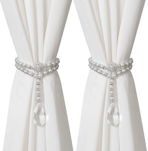 SUQ I OME 1 Pair of Luxury Pearl Beaded Magnetic Curtain Tieback and Holdback Curtain Clips Curtain Buckle Curtain Holder Blingbling Curtain Holdbacks for Drapes,Pearl