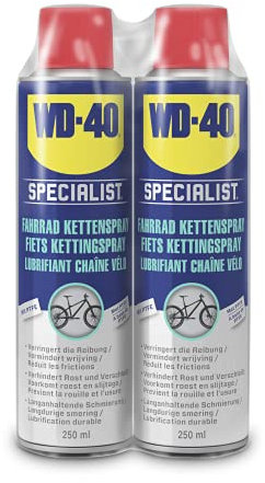 WD-40 Specialist Spray para cadena de bicicleta, 2 x 250 ml, versátil para cadenas de bicicletas con protección contra la corrosión, lubricación y protección contra todo tipo de clima, protege todos
