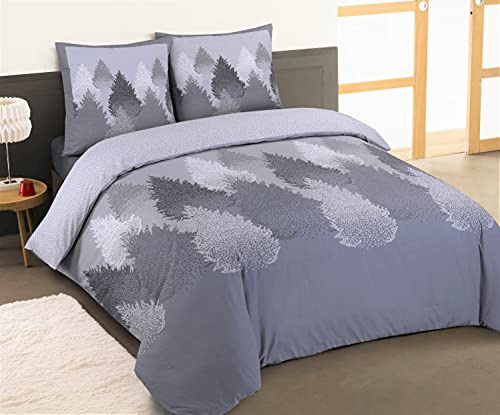 Vision - Flanellsängkläder - grå skog - påslakan 260 x 240 cm med 2 matchande örngott 65 x 65 cm för 2 personer king size-säng - flanell: Mjukt och varmt - naturliga fibrer - Oekotex