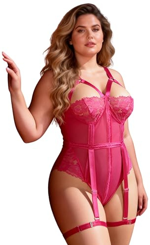 comeondear Sexy Lingerie for Women Sets Plus Size Mesh Bodysuit Outfits | Snap Crotch, Floral Lace Patchwork, Adjustable Straps, Non-detachable Thigh Garter, Stretchy Mature Ladies Underwear, XS-4XL