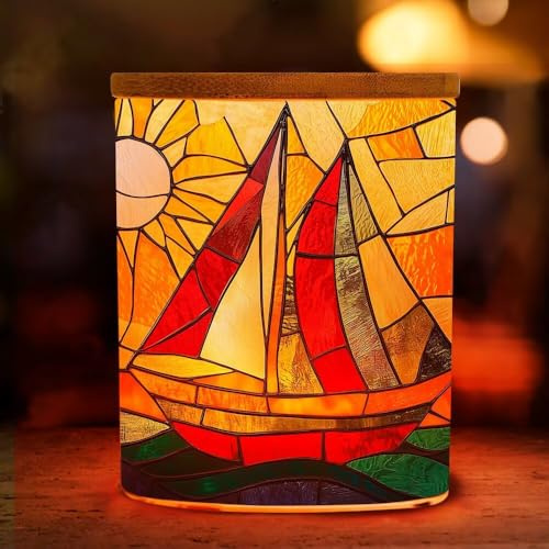 Boat Pattern Printing Glass Jar with LED Candle Table Lamp Stained Glass Desk Lamp Cylindrical Tealight Holder 2.8D x 3.5H inches