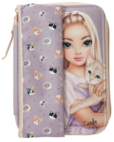 Depesche 13658 TOPModel Kitty and Doggy - Gefüllte Federtasche in Lila, inkl. Schlampermappe, mit Model Motiv und Katzen Muster, Federmappe mit Buntstiften, Schere UVM.