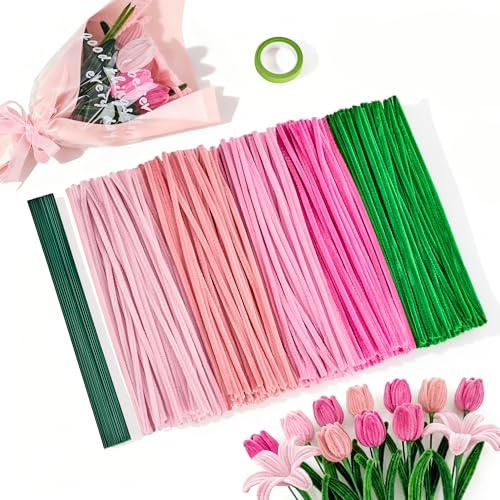 HEETA Blumenstrauß Pfeifenreiniger Blumen Set, 300 Stück in 4 Farben Pfeifenputzer zum Basteln, Pfeifenreiniger Blumen-Set, mit Blumendraht, Bänder für DIY, Rosa