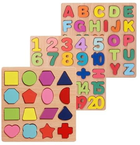 Rompecabezas de Madera Niños, 3 Piezas Puzles Montessori, Números Letras Geometría Puzzle Madera 3+ años Niños Juguetes para Aprendizaje Temprano, Juegos Educativos