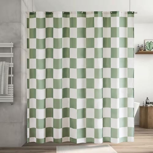 Duschvorhang 180 × 180cm - Karierter Badevorhang Retro Schachbrett Shower Curtain Polyester Textil Vorhang Anti Schimmel Wasserdichter Schnelltrocknend Waschbar für Badewanne mit 12 Haken(Grün & Weiß)