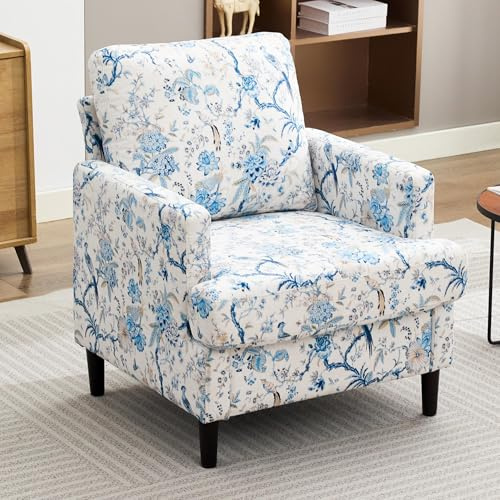 Weture Mid-Century Accent Chair,Modern Linen Fabric Armchair for Living Room,Comfy Upholstered Reading Accent Chairs for Bedroom,Single Sofa Chair with Wood Legs (Blue Flowered Bird, 1 Pack)