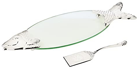 EDZARD Fischplatte Salmon (L 58 cm) mit Heber, Glas, Metallelemente versilbert und anlaufgeschützt - Teller, Tablett, Servierplatte - Fisch Geschirr, Fischteller Set, Servierteller Fischform