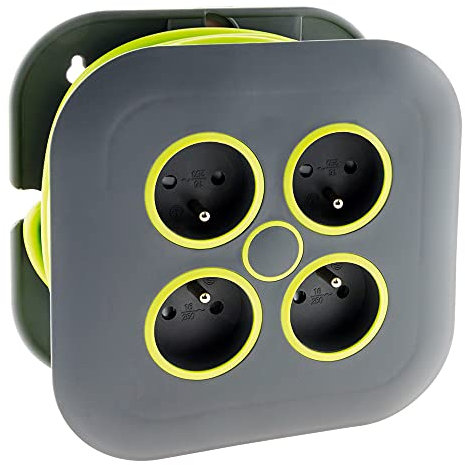 Zenitech - Enrollador doméstico 4 tomas 2P+T 16A + disyuntor - 7 metros - Gris/Verde