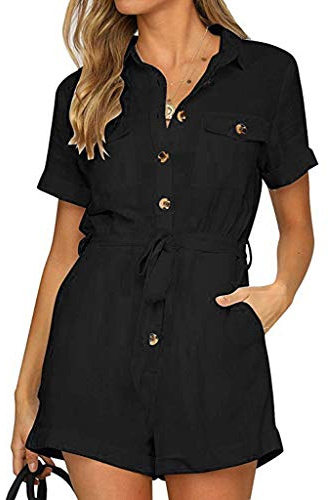 OverDose Soldes Playsuit Femme Été Combishort Femmes Grande Taille Combinaisons Courte Manches V Neck Vêtements de Travail Casual Plage Playsuit Romper Soirée Cocktail