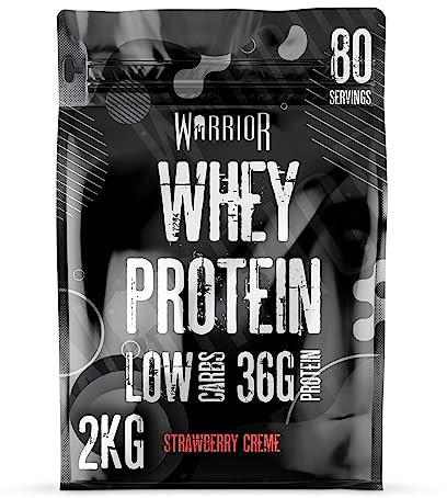 Warrior Whey Protein Powder – Up to 36g* of Protein Per Shake – Low Sugar, and Low Carbs – GMP Certified (Strawberry Crème, 2kg)