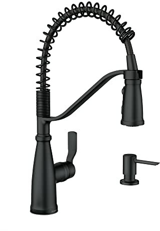 Moen Nolia Matte Black One-Handle Pre-Rinse Spring Kitchen Faucet with Pull Down Sprayer, Single Hole Kitchen Sink Faucet with Soap Dispenser, 87886BL