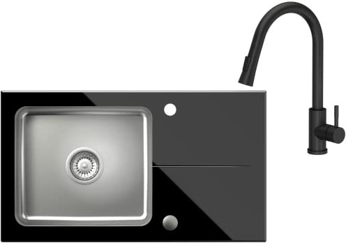 VBChome Évier de cuisine en verre avec robinet 77 x 44 cm Noir - Plateau en verre - Bassin rectangulaire en acier - Siphon encastré moucheté - Grand bassin profond - Évier en verre noir + robinet